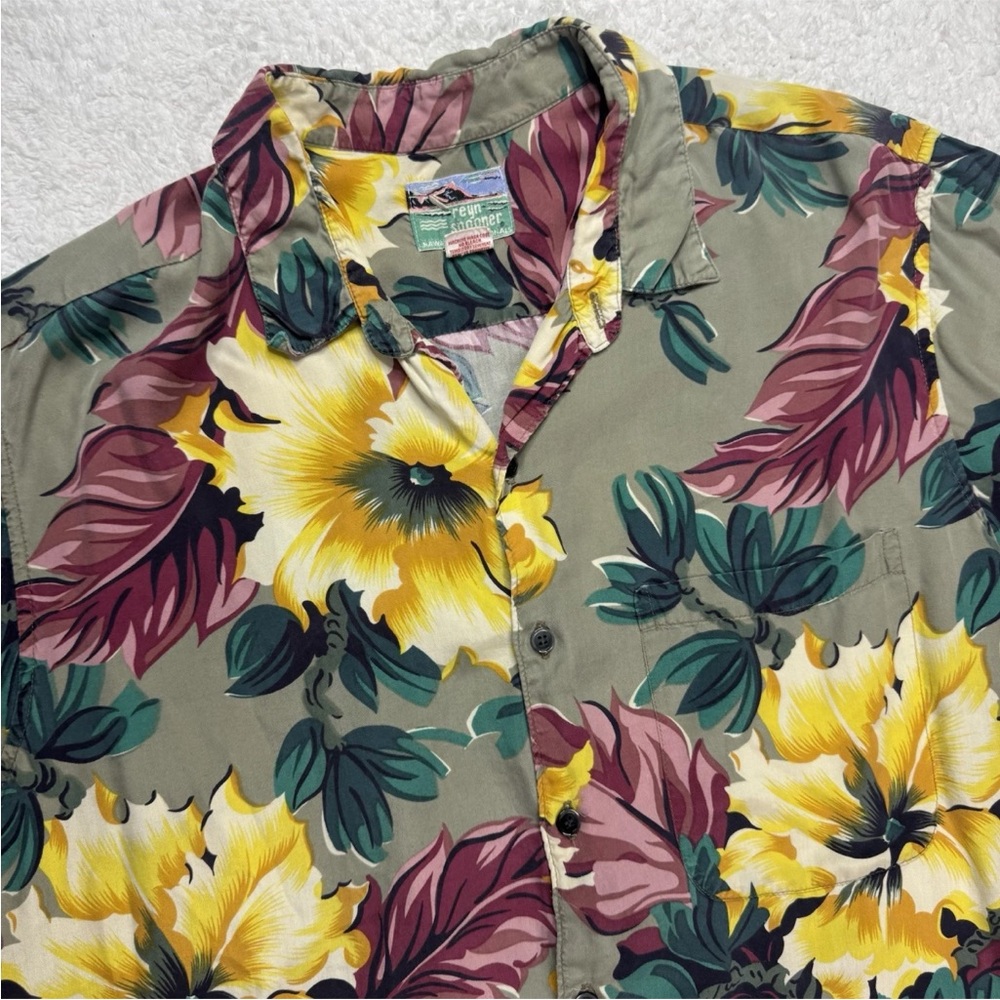 Reyn Spooner Floral Green Hawaiian Shirt Rayon‎ USA Made Mens XL Vintage